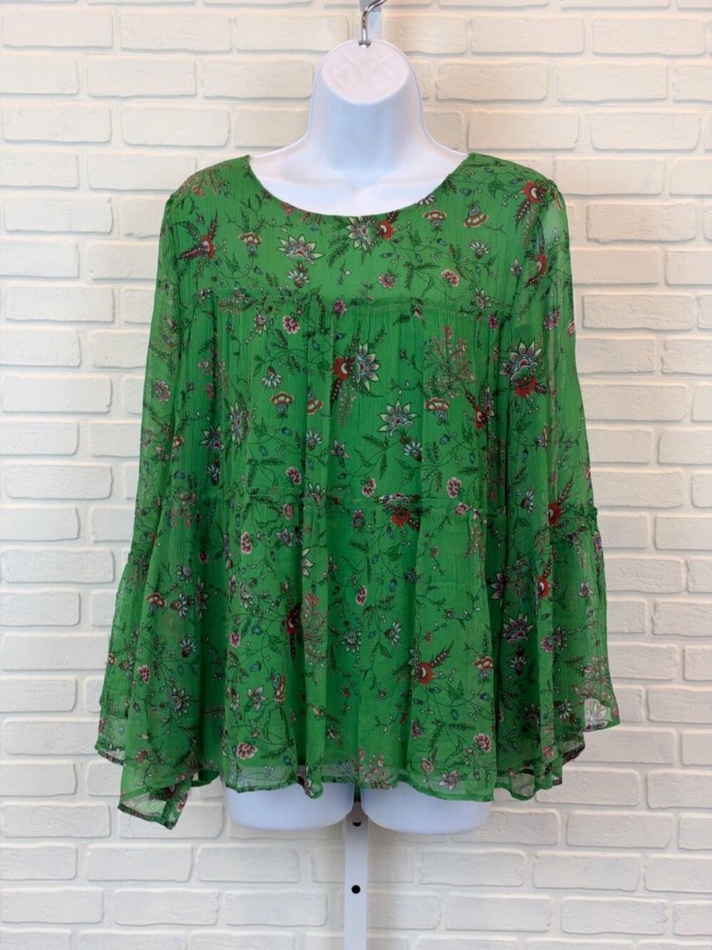 Sundance Green Floral Tiered Bell Sleeve Cupro Blouse L
